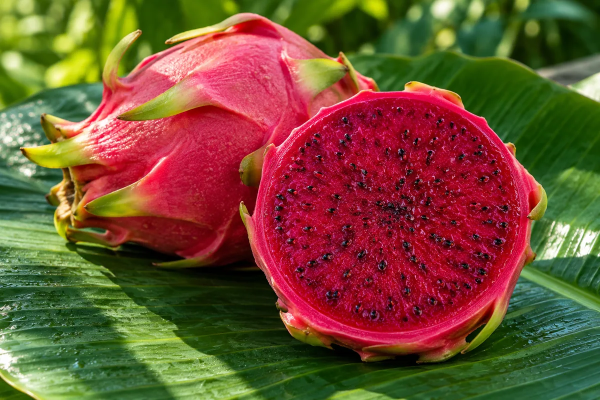 Whole dragon fruit and a cut fruit showing red flesh